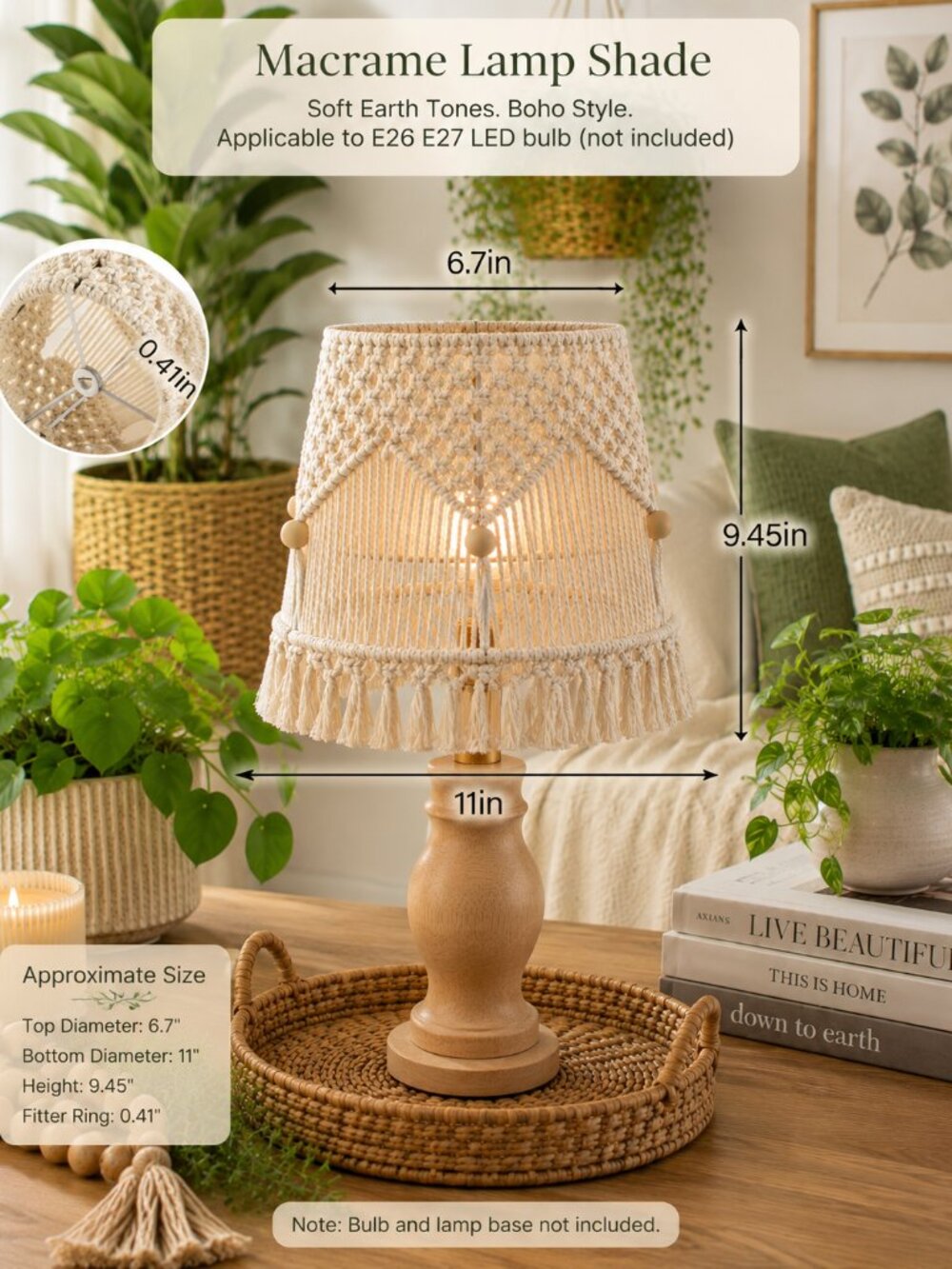 Boho Macrame Lamp Shade Ivory Hand Woven Cotton Fringe Pendant Cover NWOT - Picture 5 of 5